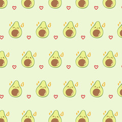 Kawaii cute seamless pattern with avocado on green background. Cute avocado vector seamless Pattern isolated repeat background wallpaper.	