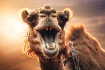 Camel in desert, funny portrait. Generative ai image