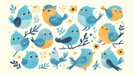 Set of cute blue birds with flowers and leaves. Vector illustration.