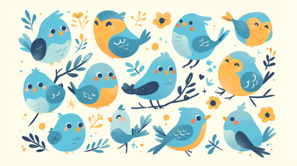Fototapeta premium Set of cute blue birds with flowers and leaves. Vector illustration.
