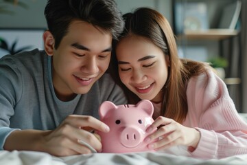 An Asian couple plans to save money together and uses piggy bank savings management.
