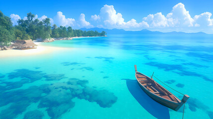 Beautiful seascape with boat and blue sea - obrazy, fototapety, plakaty