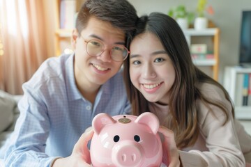 An Asian couple plans to save money together and uses piggy bank savings management.