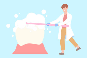 Young dentist is cleaning big tooth on bright blue background. Concept of dentistry, oral health, brushing teeth, hygiene, dental health. Flat vector illustration character.
