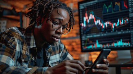 Obraz premium Young Black Man Analyzing Crypto Trading Chart