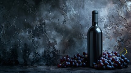 Moody wine bottle with fresh grapes on a dark backdrop. - obrazy, fototapety, plakaty