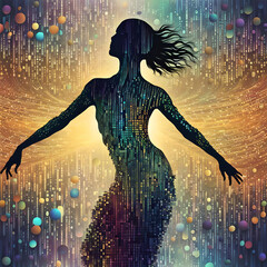 An iridescent, colorful effect forming a silhouette of a dancer decaying away into bits and bytes, upper body portrait, fusion of technology and art, intricate detail