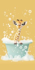 Baby giraffe calf in a bubble bath. Concept of hygiene and cleanliness for children - 780036280