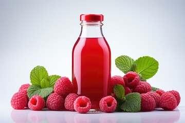 Bottles of fresh raspberry juice and berries lie on a white background isolated