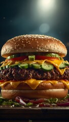 A big and tasty burger with meat, chees, onion and cucumber