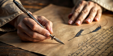 write with a beautiful quill pen on craft paper in calligraphic handwriting - obrazy, fototapety, plakaty