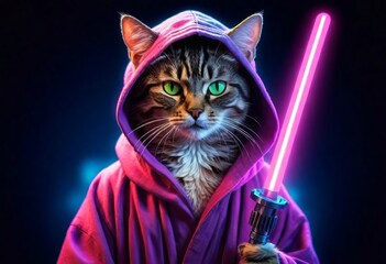 Funny cat in Jedi clothes and with a lightsaber, neon style illustration, cute pet for background, poster, print, design card, banner, flyer