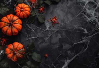 a group of pumpkins and spiders on a web