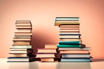 A stack of colorful books with their spines facing forward, resting on a pastel peach table against the gradient background
