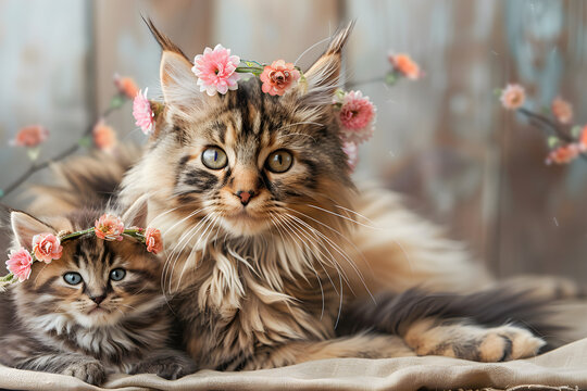 Beautiful mother and baby cat animals with flower crown in a colorful portrait for mother’s day celebration.