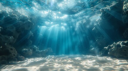 Rays of light reaching the sandy bottom of the sea. - obrazy, fototapety, plakaty