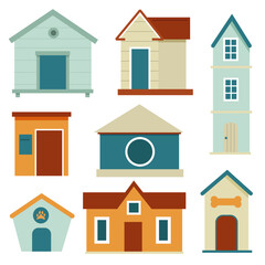 Cute vector houses for pets of different sizes and colors