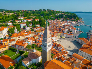 Aerial view of the cathedral and city center of Piran, Slovenia