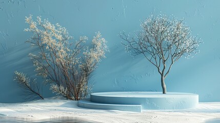 Minimal mockup background for product presentation. Podium and dry tree twigs branch with white sand beach on blue background. 3d rendering illustration. Clipping path of each element included.