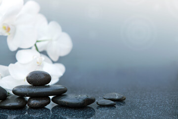 White orchid flowers and black spa stones on the gray table background.