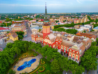 Aerial view of art nouveau town hall in Serbian town Subotica