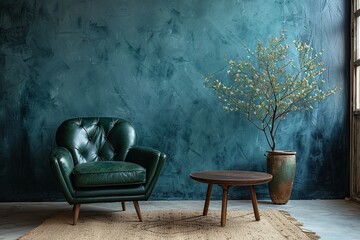 A minimalist living room scene highlighted by a striking dark blue wall, featuring a sleek black leather armchair and softly illuminated by a floor lamp casting a warm glow - obrazy, fototapety, plakaty