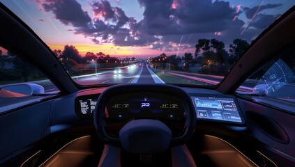 A car's interior is shown, with the steering wheel and dashboard in focus. The background shows an open highway under a cloudy dusk sky. Driving a a car, stopping at a stop light in evening dim light