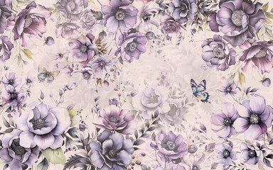 Wallpaper assorted purple flower in a watercolors of a bunch of roses on an old vintage wall background .