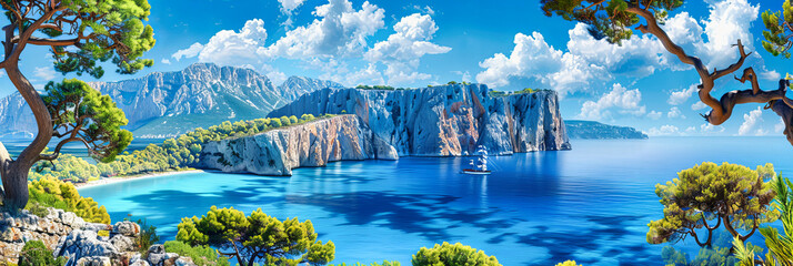 Mediterranean Coastline with Rocky Cliffs and Turquoise Sea, Summer Travel Destination, Natural Coastal Beauty - obrazy, fototapety, plakaty