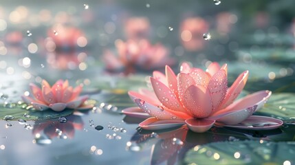Tranquil lotus flowers with dewdrops on pond