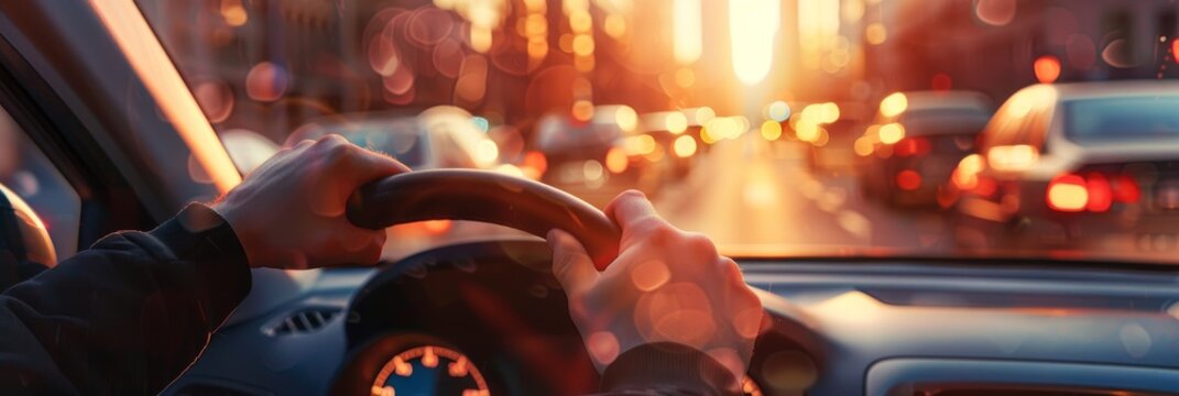 A car's interior is shown, with the steering wheel and dashboard in focus. The background shows an open highway under a cloudy dusk sky. Driving a a car, stopping at a stop light in evening dim light