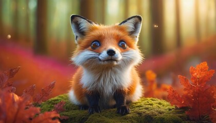 Fototapeta premium A bright-eyed fox looks up with curiosity in a magical autumn forest, surrounded by warm fall colors