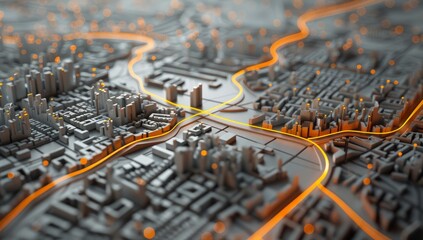 3d model of city map with buildings and roads, orange network lines connecting them to each other....