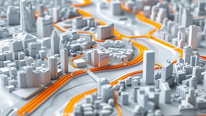 Fototapeta na wymiar 3d model of city map with buildings and roads, orange network lines connecting them to each other. an intricate city model with skyscrapers.