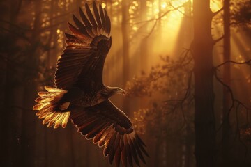 Fototapeta premium Majestic eagle soaring at sunset, in a forest background, Beautiful Eagle. Golden eagle head detail. Aquila chrysaetos.