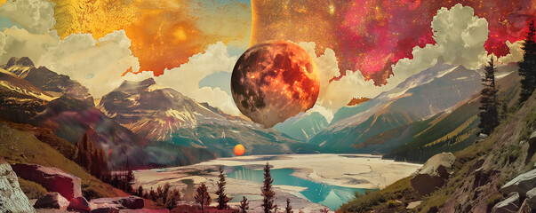 Surreal Mountainous Landscape with Majestic Sky and Distant Planet