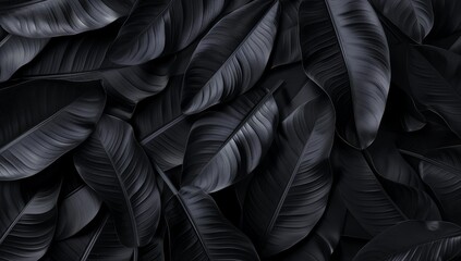Abstract black background with large tropical leaves, dark texture. background dark nature concept...