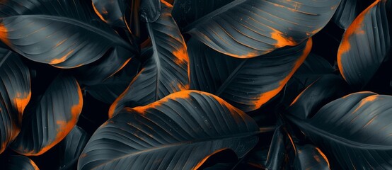 abstract dark black and orange background with flowing leaves, monochromatic, monochromatic,...