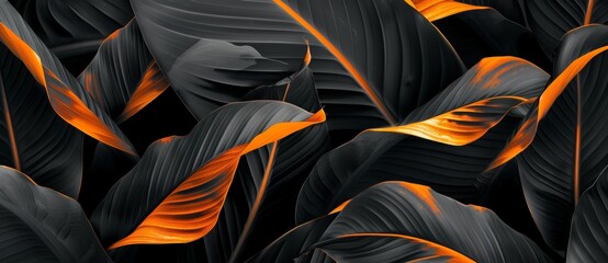 abstract dark black and orange background with flowing leaves, monochromatic, monochromatic, Captivating Textures Of Black Leaves For Striking Tropical Backdrop, Artistic Composition