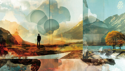 Surreal Landscape with Man and Abstract Elements - obrazy, fototapety, plakaty