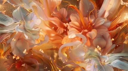Abstract illustration of a gilded dreamscape, where surreal elements like floating flowers, ethereal animals, and cascading leaves are rendered in mesmerizing oil textures and golden hues