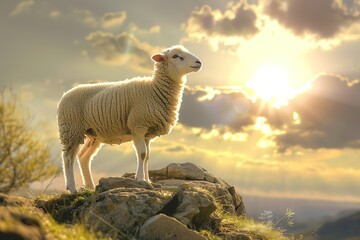 Fototapeta premium A white lamb stands on a hill in the rays of the sun, a symbol of Judaism. Generative AI