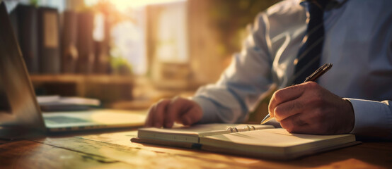 A businessman writing in his notebook with a pen at a wooden table in his office. Close up business...