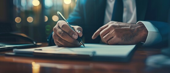 A businessman writing in his notebook with a pen at a wooden table in his office. Close up business view - Powered by Adobe