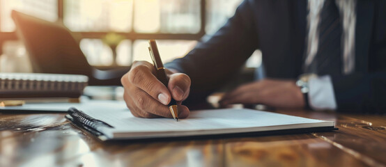 A businessman writing in his notebook with a pen at a wooden table in his office. Close up business view - obrazy, fototapety, plakaty