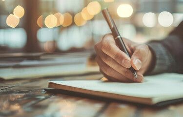 A businessman writing in his notebook with a pen at a wooden table in his office. Close up business view