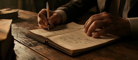 A businessman writing in his notebook with a pen at a wooden table in his office. Close up business...
