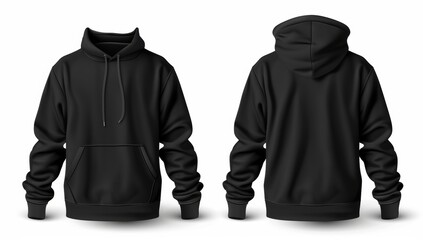 Black hoodie hoody template vector illustration isolated on white background front and back view.