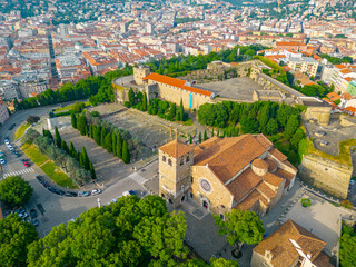 Aerial view of Castello di San Giusto and Cattedrale di San Giusto Martire in Italian city Trieste