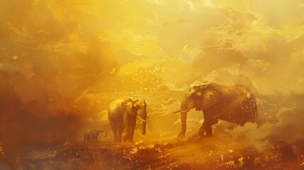 Abstract oil painting illustration depicting a dreamy landscape with majestic elephants roaming amidst surreal surroundings. Shimmering golden textures to add depth and richness to the scene.